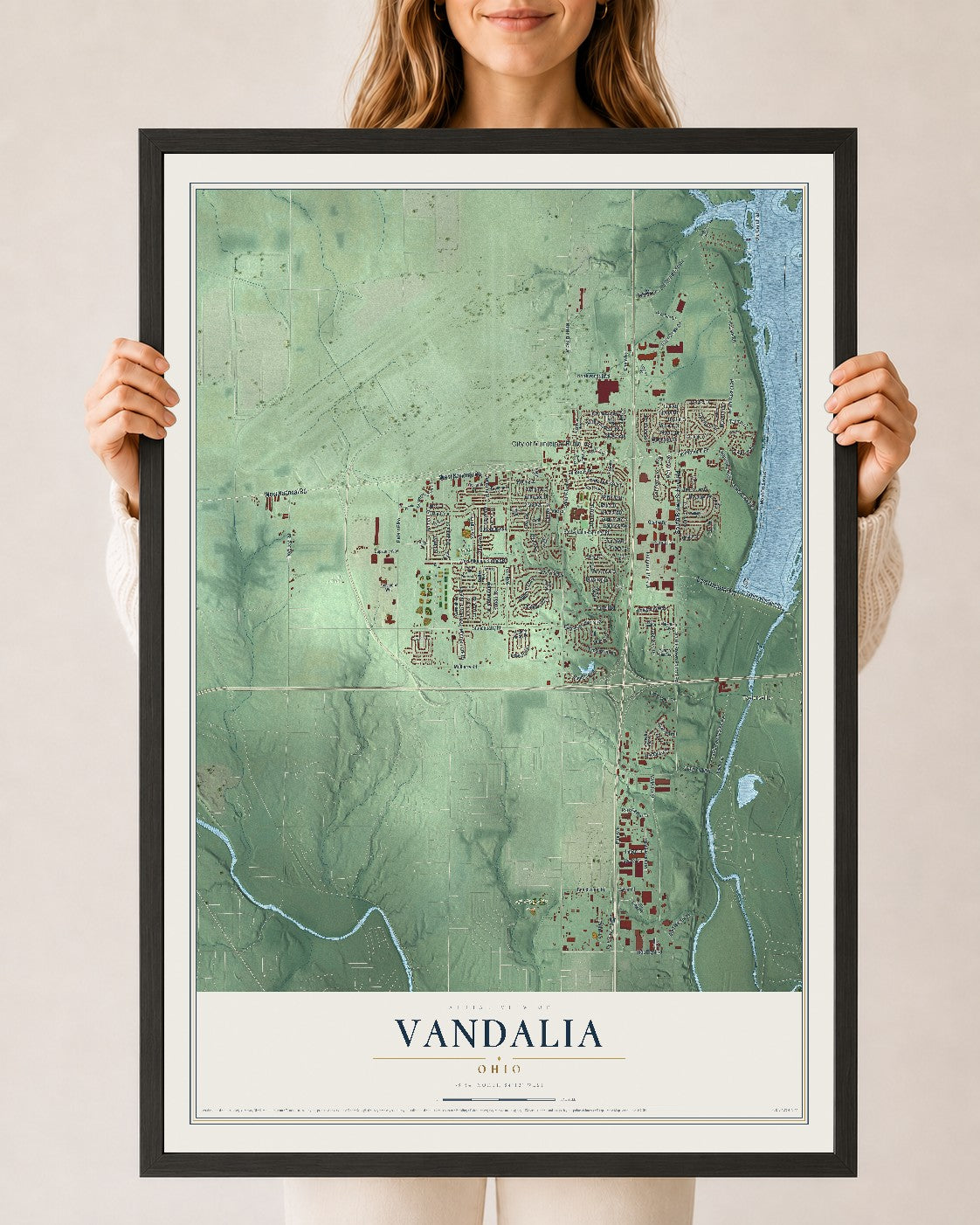 Map of Vandalia, Ohio, 24 x 36 inch print in a black wood frame