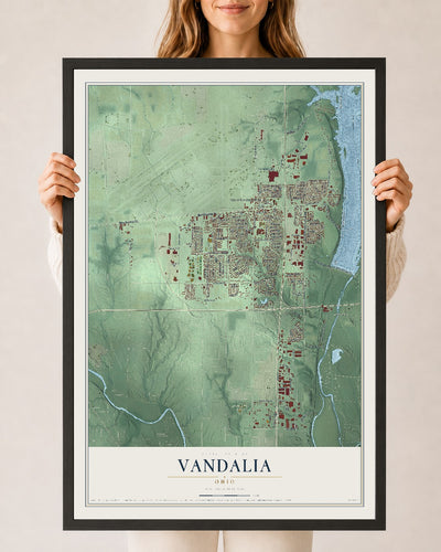 Map of Vandalia, Ohio, 24 x 36 inch print in a black wood frame