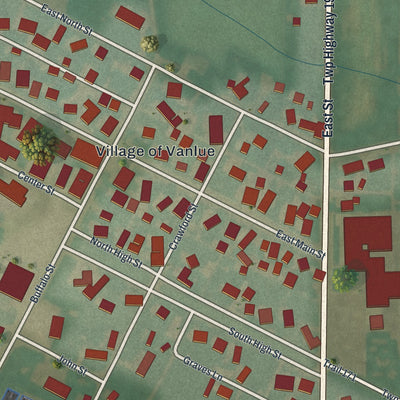 Close-up of the map of Vanlue, Ohio print showing street and building detail