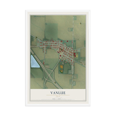 Map of Vanlue, Ohio, 12 x 18 inch print in a white wood frame