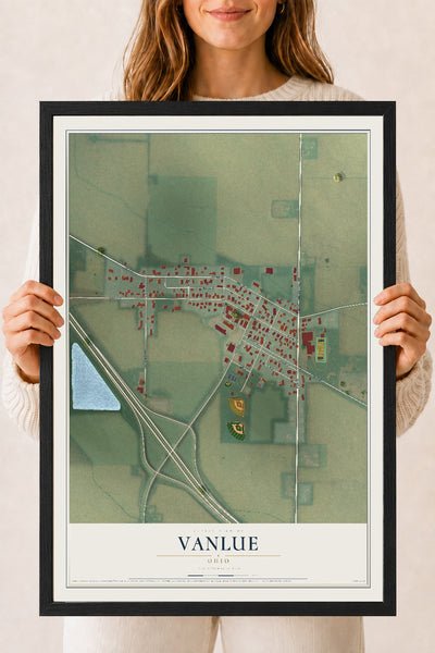 Map of Vanlue, Ohio, 18 x 24 inch print in a black wood frame