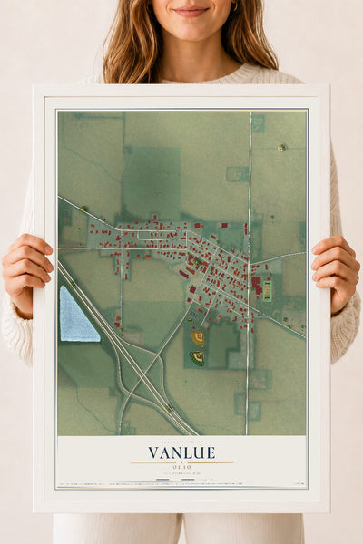 Map of Vanlue, Ohio, 18 x 24 inch print in a white wood frame