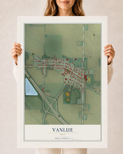 Map of Vanlue, Ohio, 24 x 36 inch print in a white wood frame