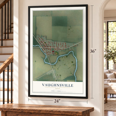 Vaughnsville, Ohio map, 24 x 36 inch print in a black frame by a staircase