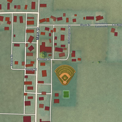 Close-up of the map of Venedocia, Ohio print showing street and building detail