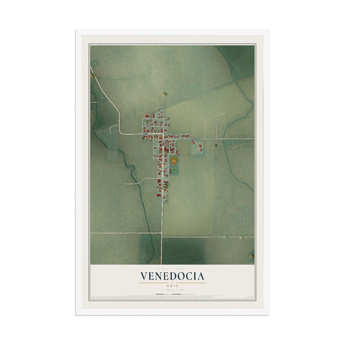 Map of Venedocia, Ohio, 12 x 18 inch print in a white wood frame