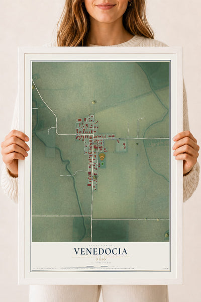 Map of Venedocia, Ohio, 18 x 24 inch print in a white wood frame