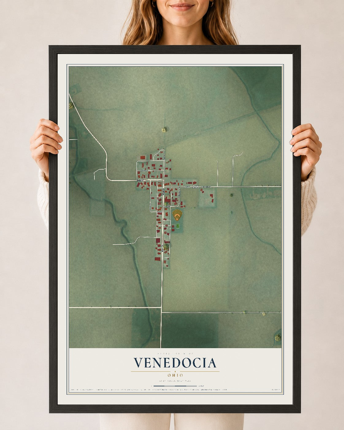 Map of Venedocia, Ohio, 24 x 36 inch print in a black wood frame