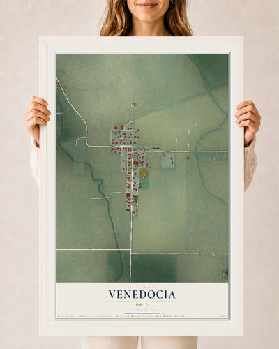 Map of Venedocia, Ohio, 24 x 36 inch print in a white wood frame