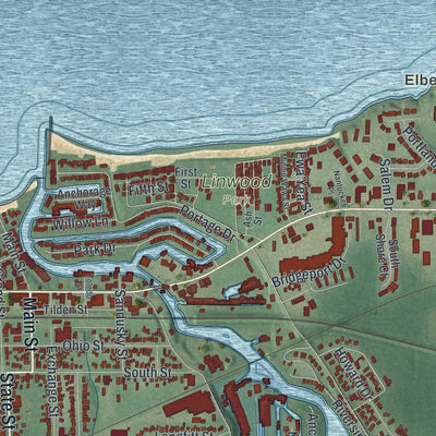 Close-up of the map of Vermilion, Ohio print showing street and building detail