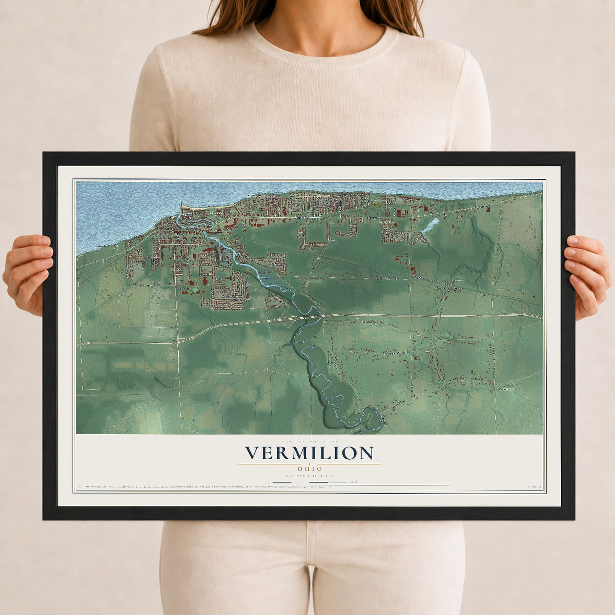 Map of Vermilion, Ohio, 12 x 18 inch print in a black wood frame