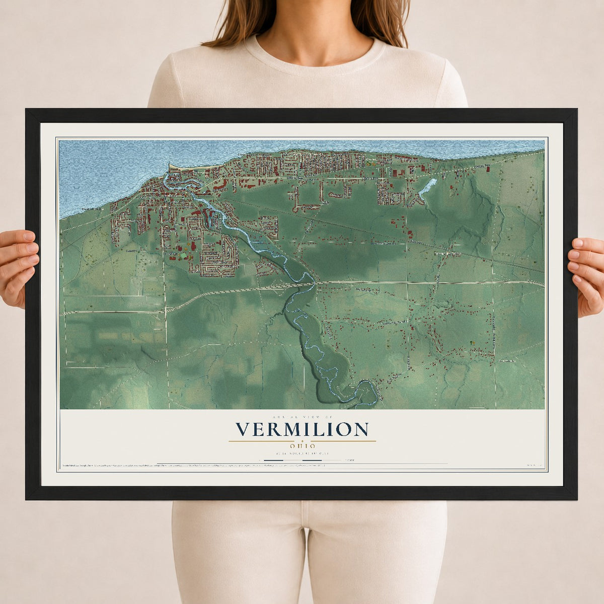 Map of Vermilion, Ohio, 18 x 24 inch print in a black wood frame