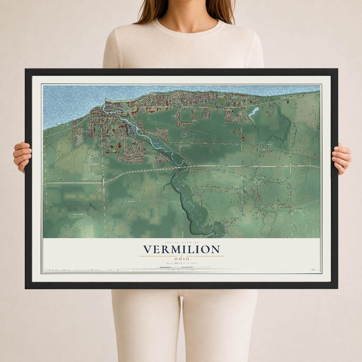 Map of Vermilion, Ohio, 24 x 36 inch print in a black wood frame