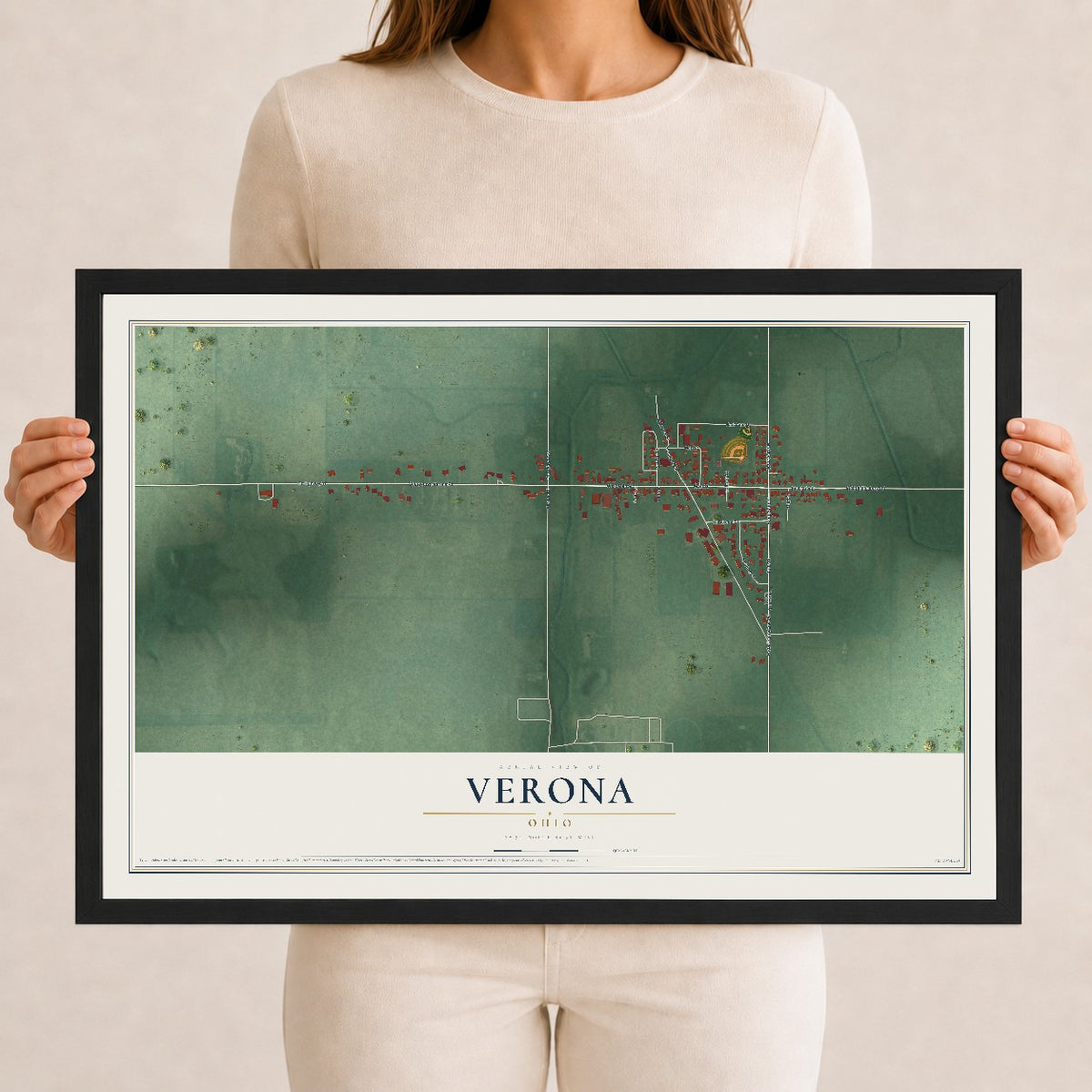 Map of Verona, Ohio, 12 x 18 inch print in a black wood frame