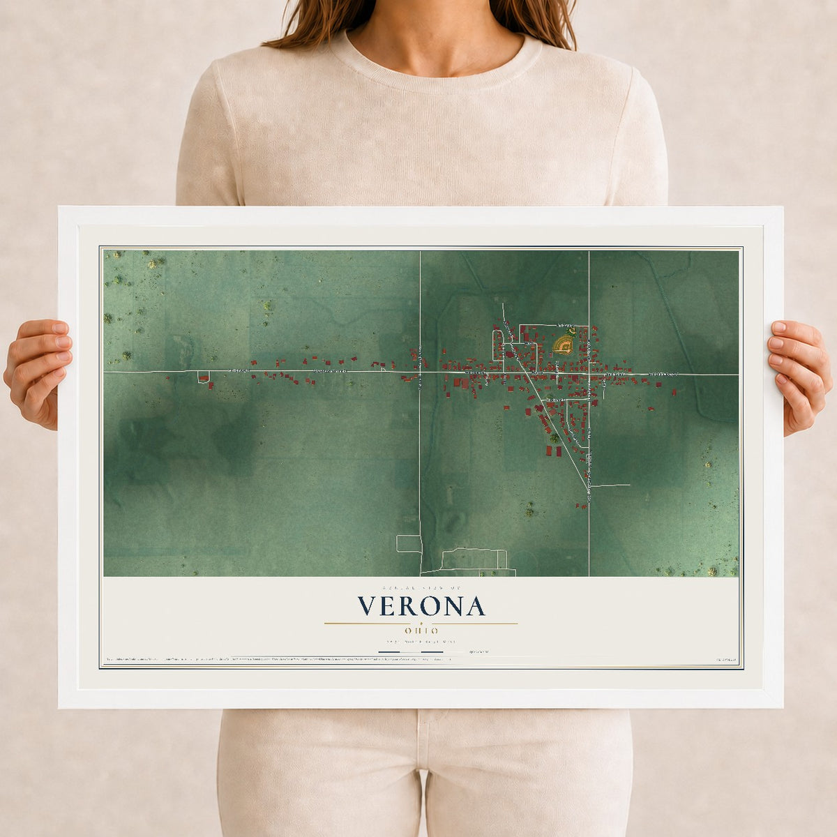 Map of Verona, Ohio, 12 x 18 inch print in a white wood frame