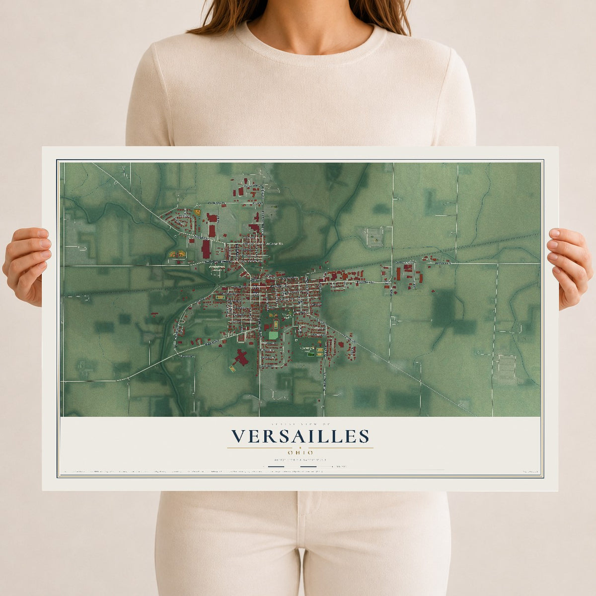 Map of Versailles, Ohio, 12 x 18 inch unframed archival matte print