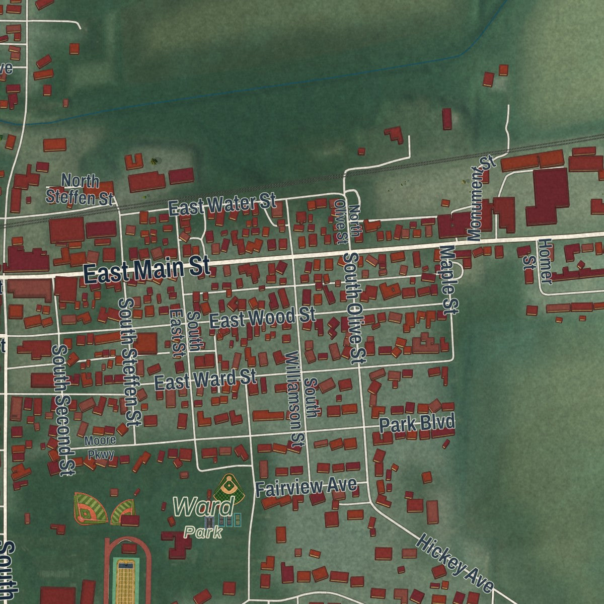 Close-up of the map of Versailles, Ohio print showing street and building detail