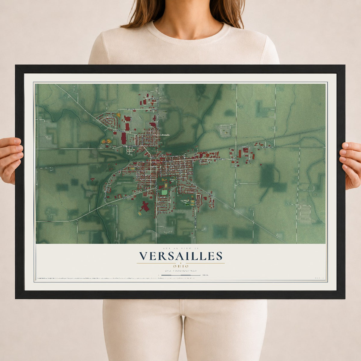 Map of Versailles, Ohio, 18 x 24 inch print in a black wood frame