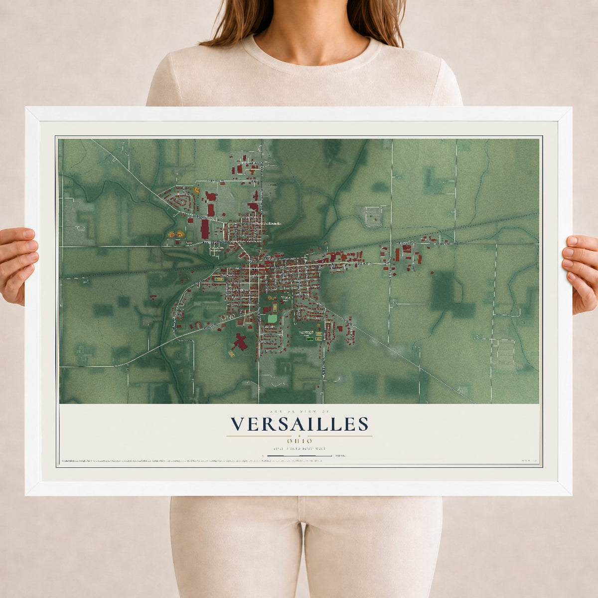 Map of Versailles, Ohio, 18 x 24 inch print in a white wood frame