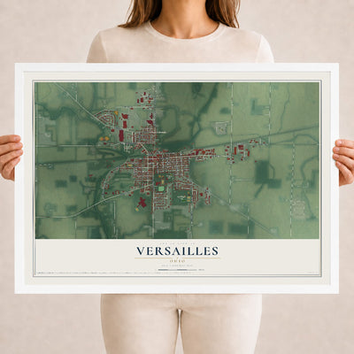 Map of Versailles, Ohio, 18 x 24 inch print in a white wood frame