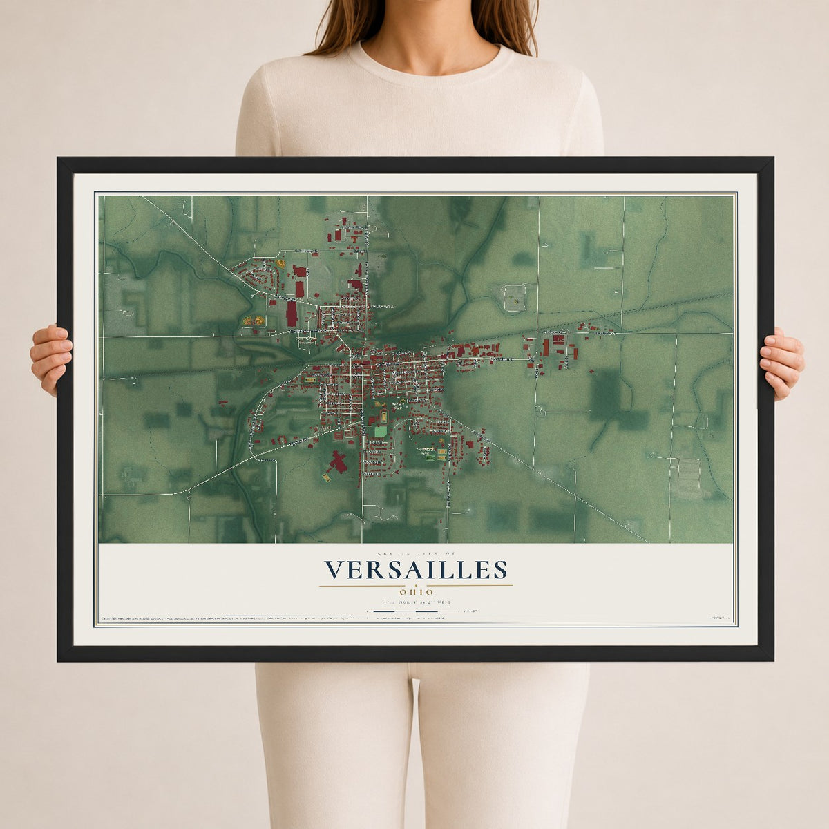 Map of Versailles, Ohio, 24 x 36 inch print in a black wood frame
