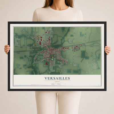 Map of Versailles, Ohio, 24 x 36 inch print in a black wood frame
