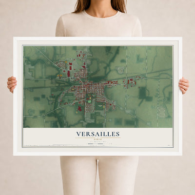 Map of Versailles, Ohio, 24 x 36 inch print in a white wood frame