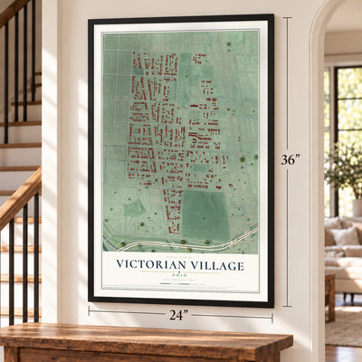 Victorian Village, Ohio map, 24 x 36 inch print in a black frame by a staircase