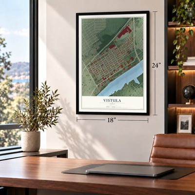 Vistula, Ohio map, 18 x 24 inch print in a black frame in a home office