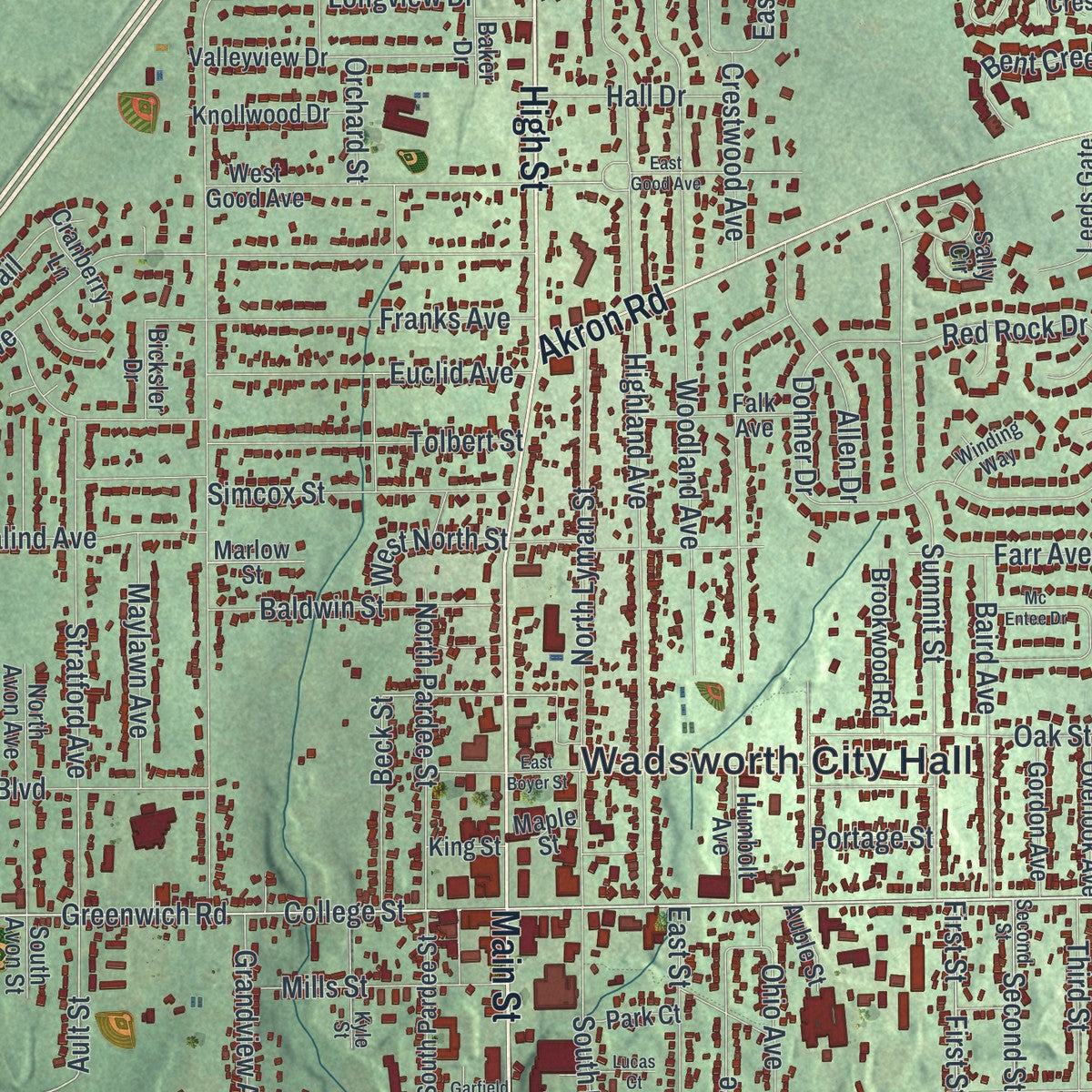 Close-up of the map of Wadsworth, Ohio print showing street and building detail