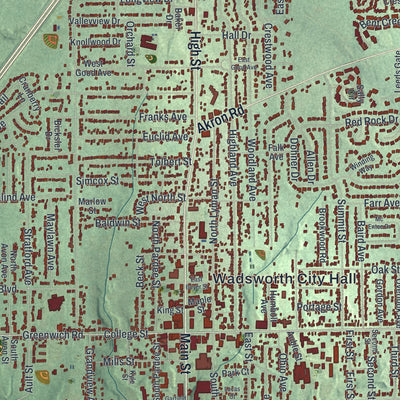 Close-up of the map of Wadsworth, Ohio print showing street and building detail