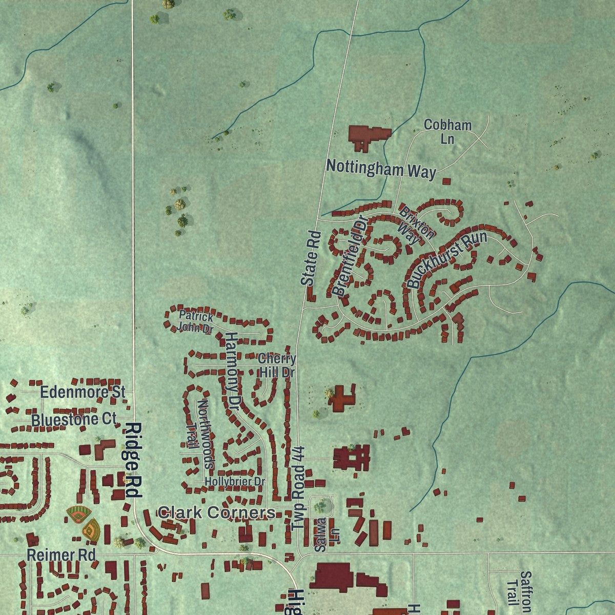 Second close-up of the map of Wadsworth, Ohio print showing more streets and buildings