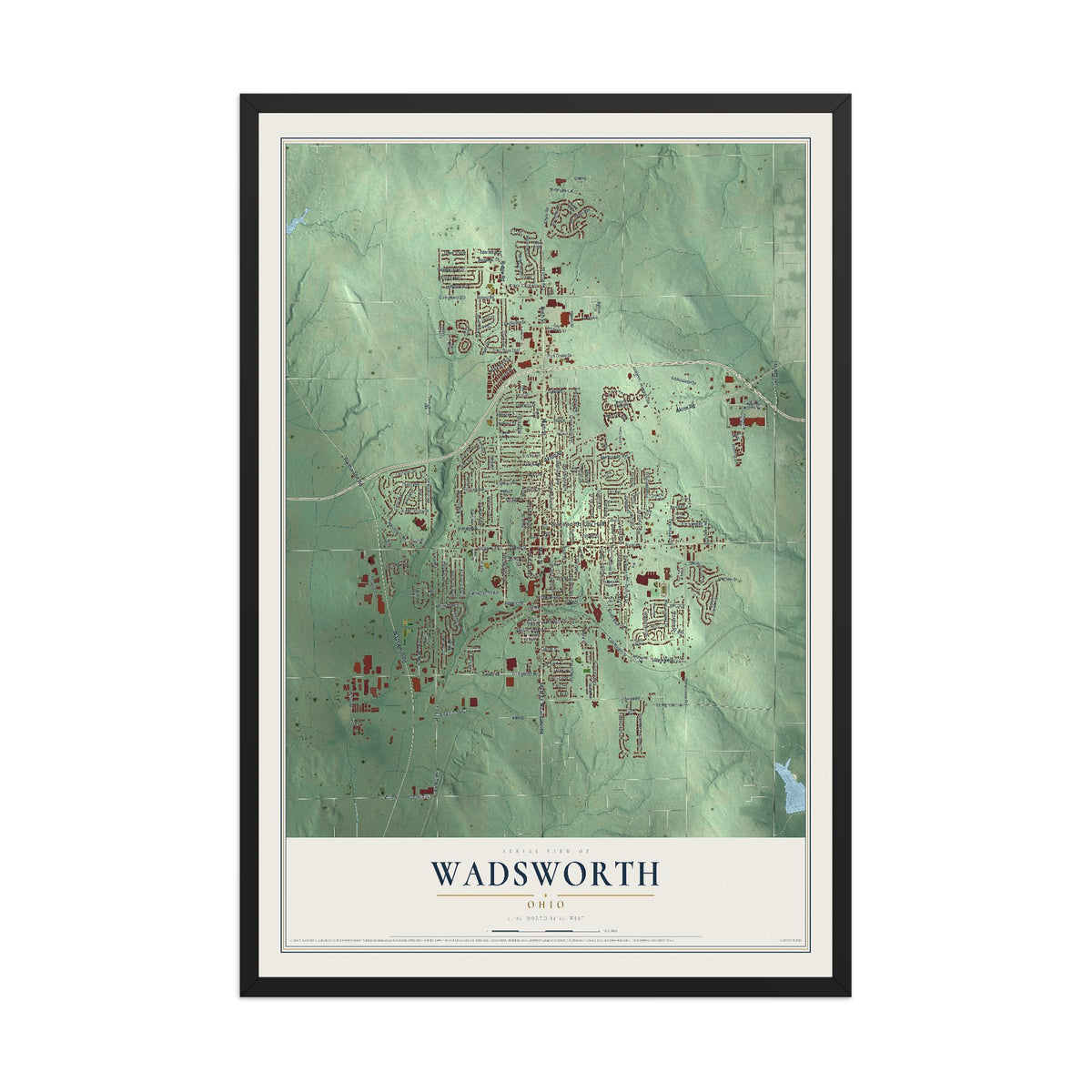 Map of Wadsworth, Ohio, 12 x 18 inch print in a black wood frame