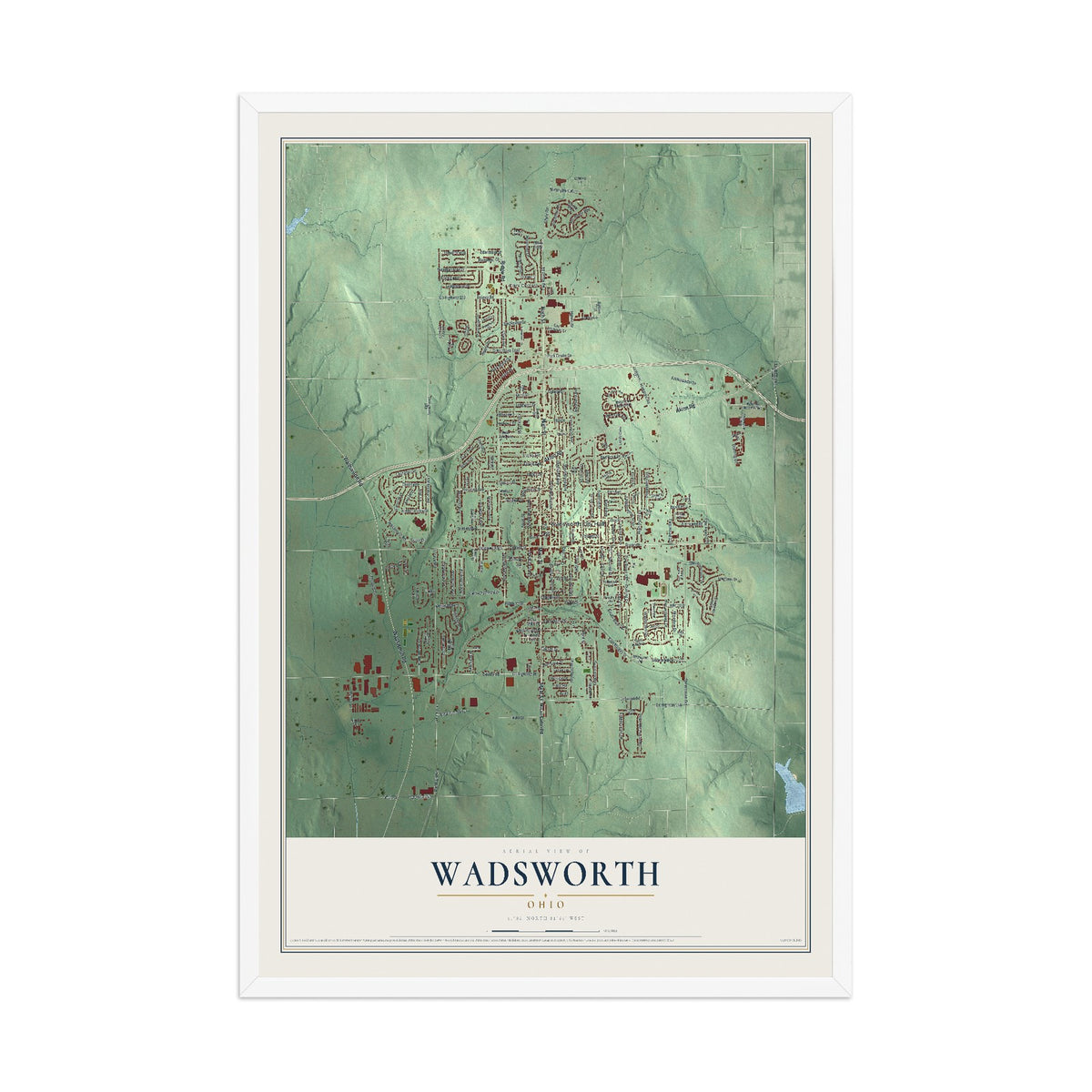 Map of Wadsworth, Ohio, 12 x 18 inch print in a white wood frame