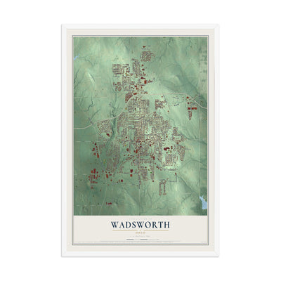 Map of Wadsworth, Ohio, 12 x 18 inch print in a white wood frame