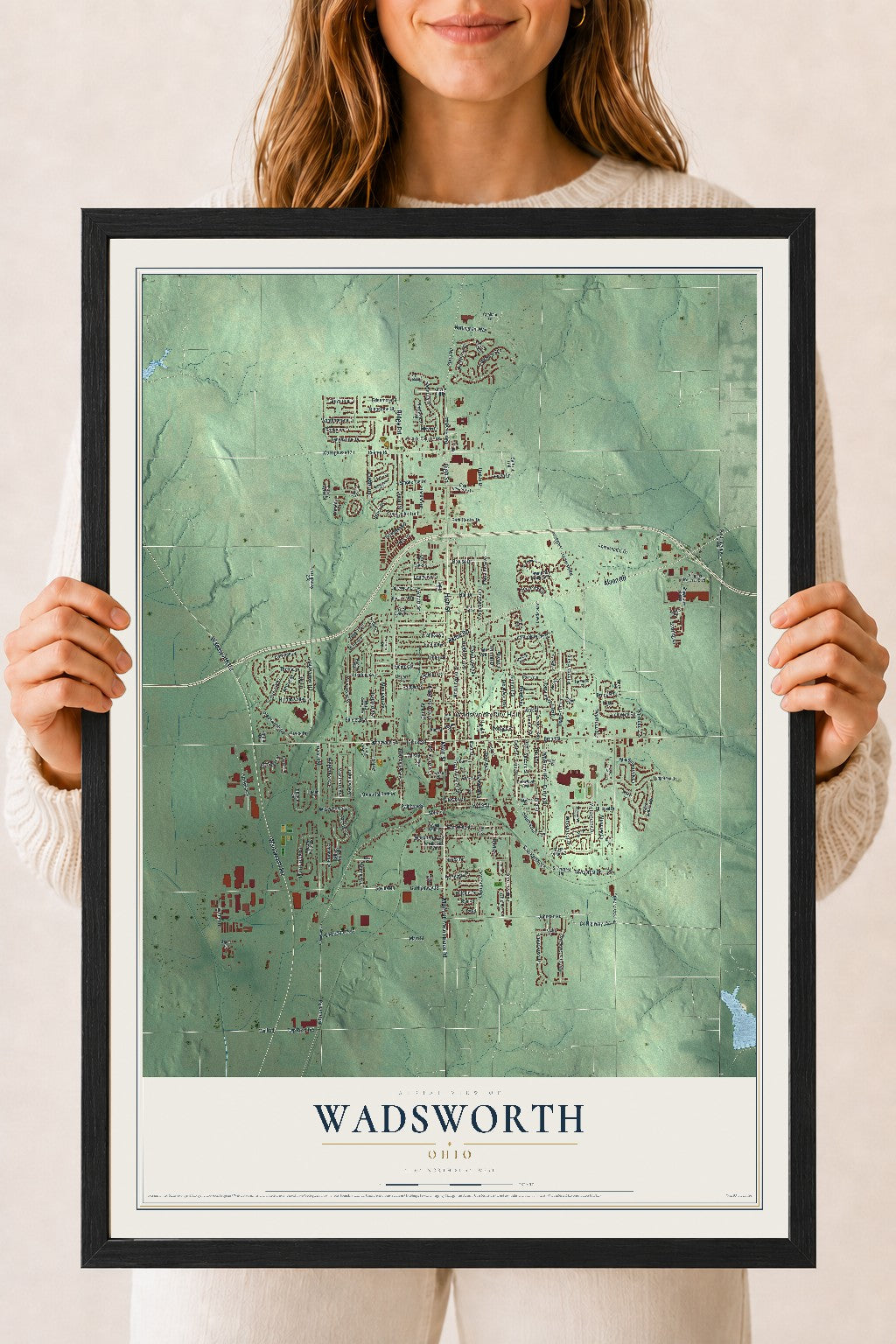 Map of Wadsworth, Ohio, 18 x 24 inch print in a black wood frame