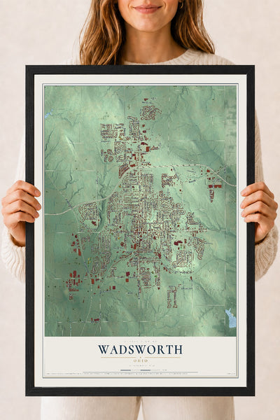 Map of Wadsworth, Ohio, 18 x 24 inch print in a black wood frame