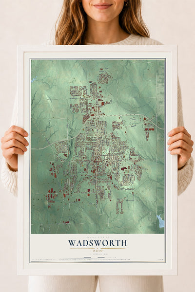 Map of Wadsworth, Ohio, 18 x 24 inch print in a white wood frame