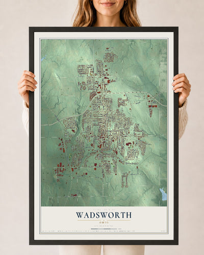Map of Wadsworth, Ohio, 24 x 36 inch print in a black wood frame