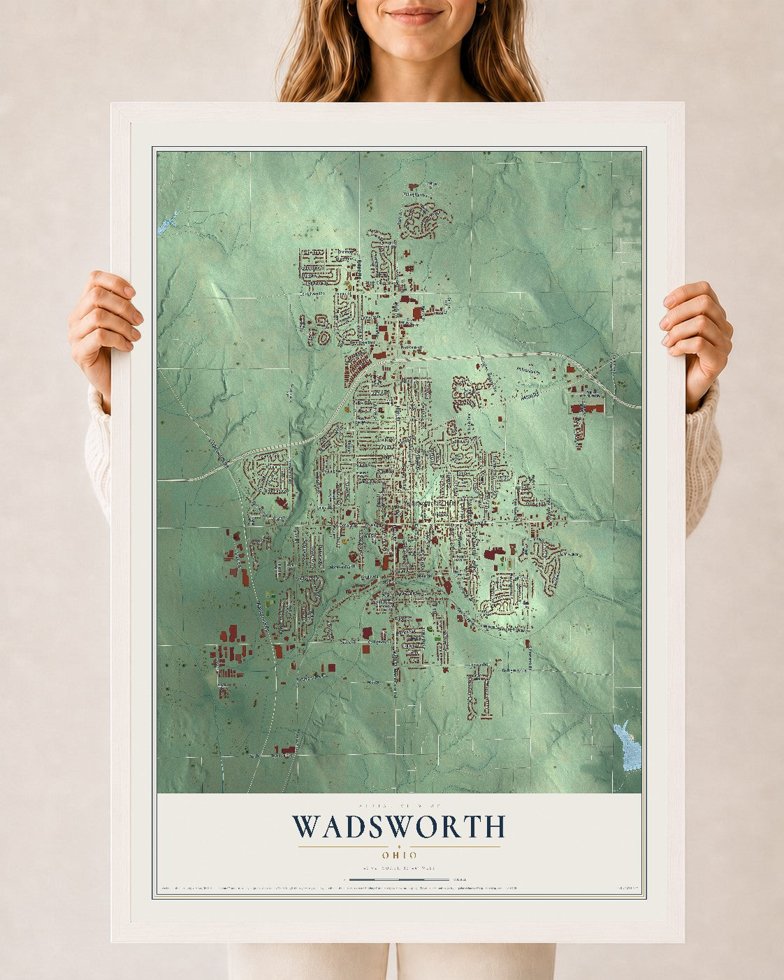 Map of Wadsworth, Ohio, 24 x 36 inch print in a white wood frame