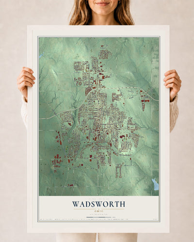 Map of Wadsworth, Ohio, 24 x 36 inch print in a white wood frame