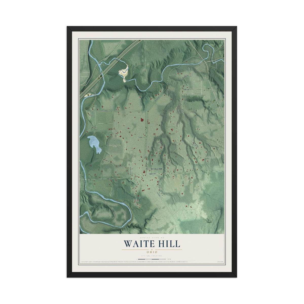 Map of Waite Hill, Ohio, 12 x 18 inch print in a black wood frame
