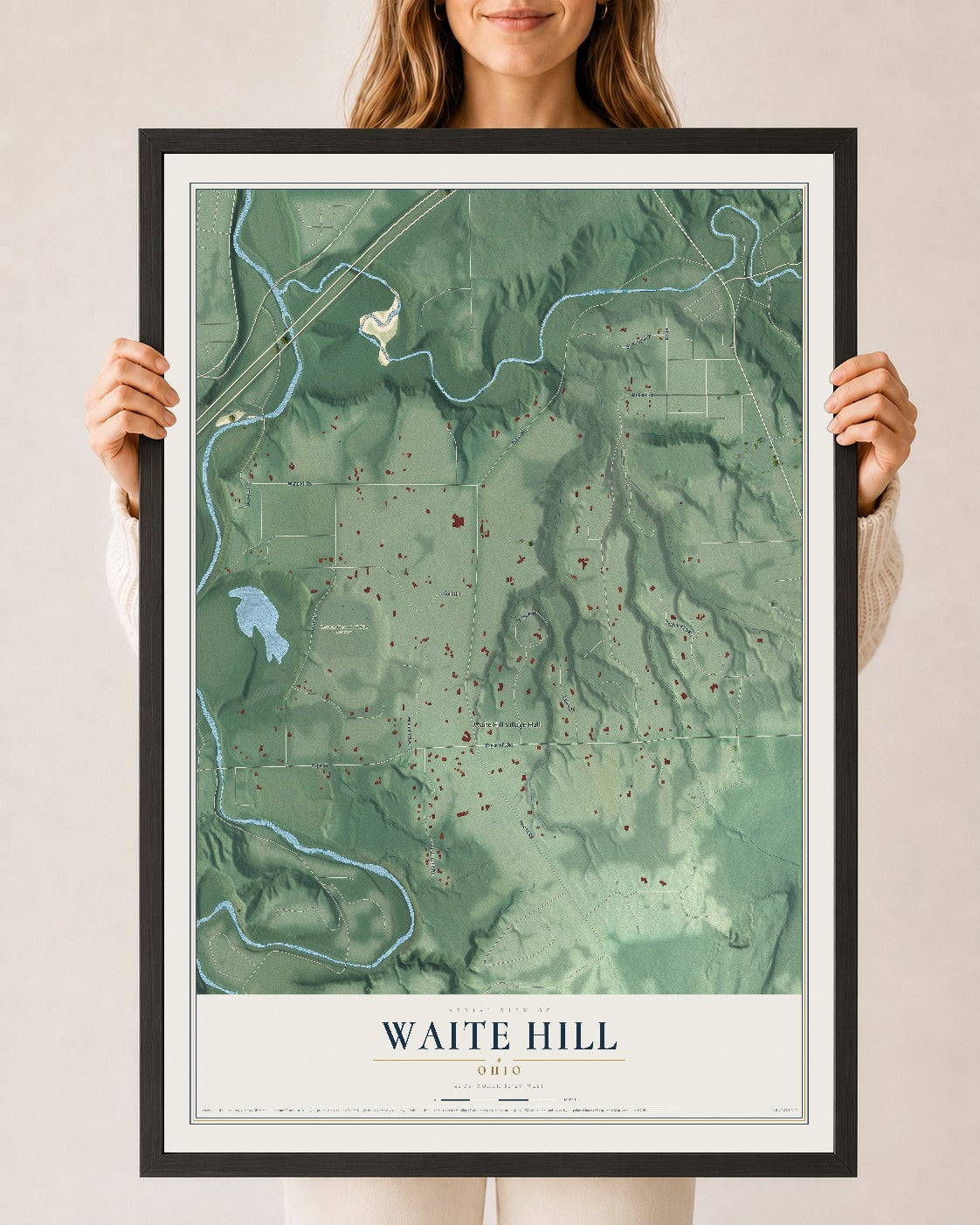 Map of Waite Hill, Ohio, 24 x 36 inch print in a black wood frame