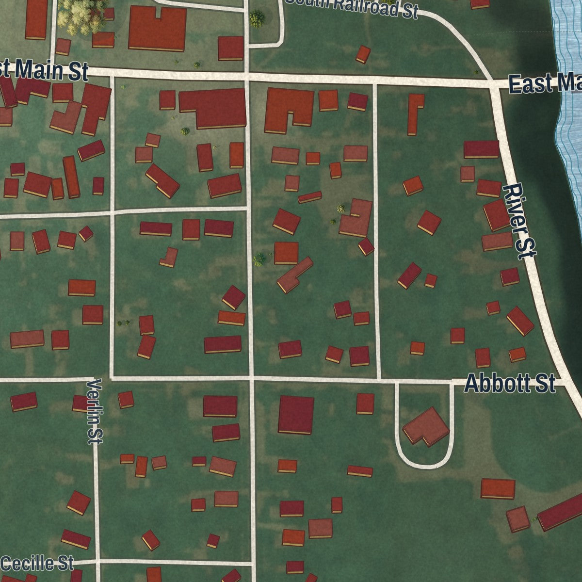 Close-up of the map of Wakeman, Ohio print showing street and building detail