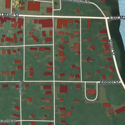 Close-up of the map of Wakeman, Ohio print showing street and building detail