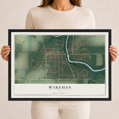 Map of Wakeman, Ohio, 12 x 18 inch print in a black wood frame