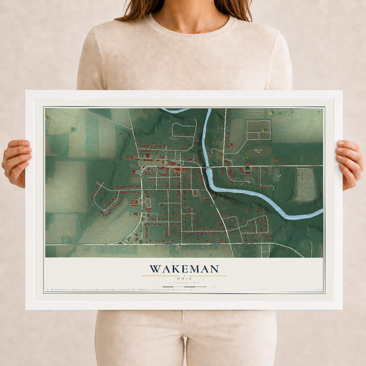 Map of Wakeman, Ohio, 12 x 18 inch print in a white wood frame