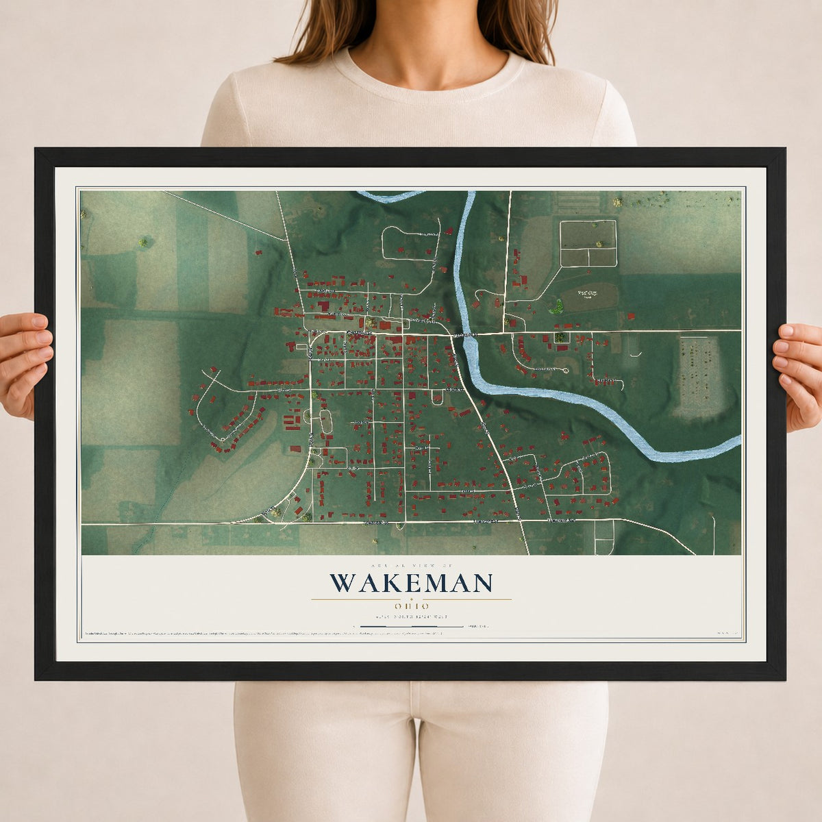 Map of Wakeman, Ohio, 18 x 24 inch print in a black wood frame