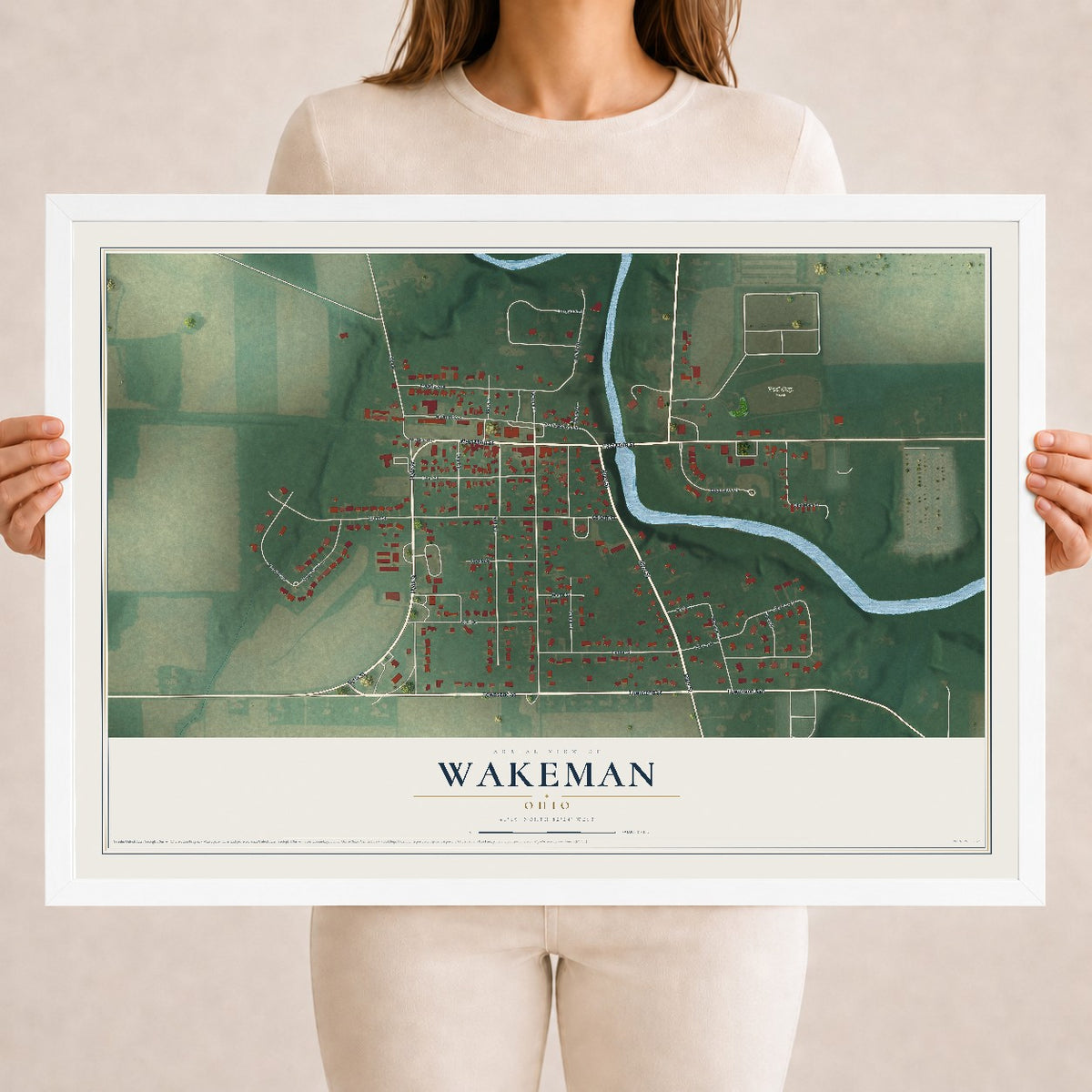 Map of Wakeman, Ohio, 18 x 24 inch print in a white wood frame