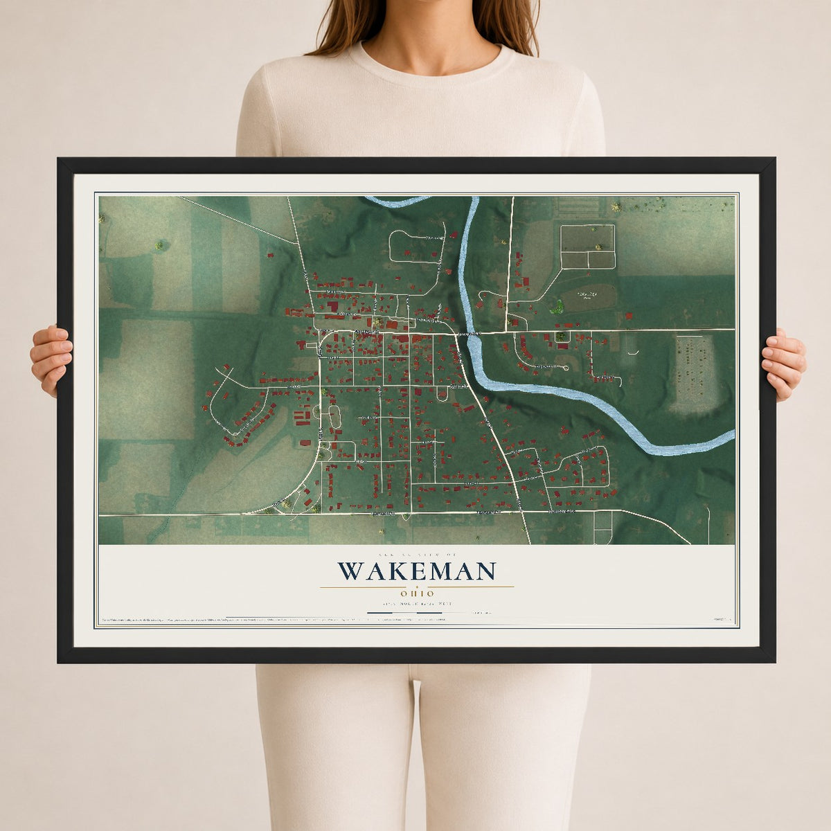 Map of Wakeman, Ohio, 24 x 36 inch print in a black wood frame